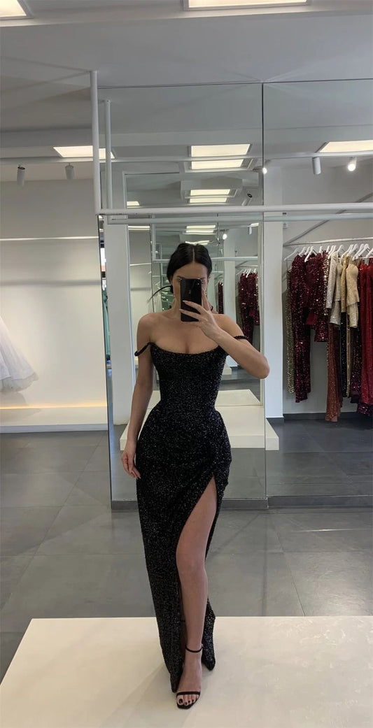 Classy Sheath Off The Shoulder Sequin Slit Prom Dresses Black Summer Wedding Guest Dresses Wedding Guest Outfits DP775
