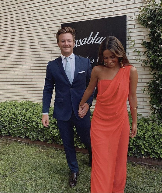 Gorgeous A Line One Shoulder Coral Prom Dresses Formal Summer Wedding Guest Dresses Wedding Guest Outfits DP781