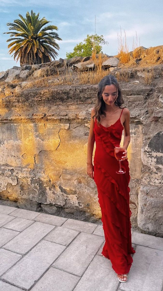 Classy A Line Spaghetti Straps Red Chiffon Prom Dresses Summer Wedding Guest Dresses Wedding Guest Outfits DP782