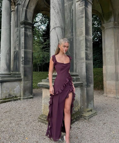 Superbe robe de bal fendue en mousseline de soie à encolure carrée et coupe trapèze, tenue d'invitée de mariage d'été formelle, DP784