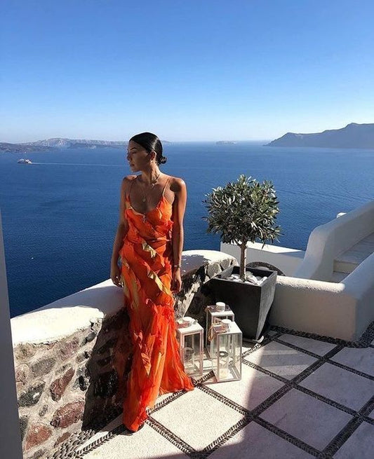 Classy Mermaid Spaghetti Straps Orange Chiffon Prom Dresses Summer Wedding Guest Dresses Wedding Guest Outfits DP786
