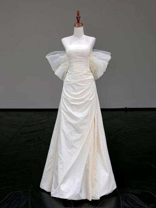 Unique Bridal Gown A line Strapless Satin Ivory Wedding Dresses Minimalist Bridal Gowns DP788