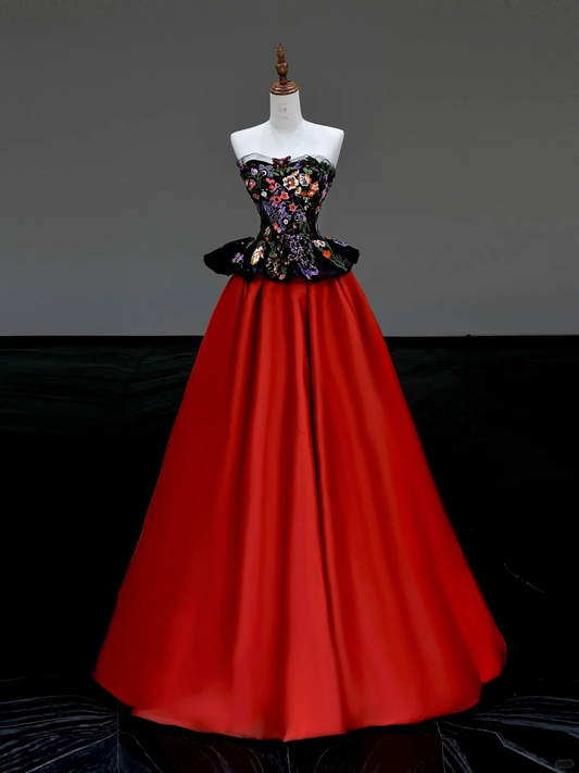 Gorgeous Ball Gown Strapless Red Satin Long Prom Dress Party Dress Graduation Dresses DP791