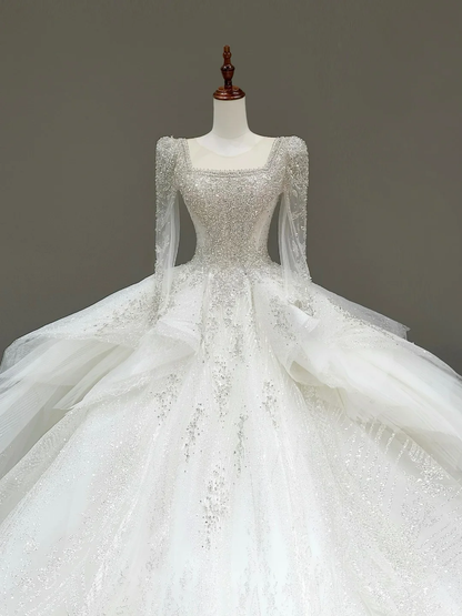 Unique Bridal Gown Ball Gown Square Neckline White Sequin Wedding Dresses Bridal Gowns DP792