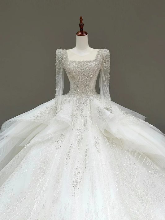 Unique Bridal Gown Ball Gown Square Neckline White Sequin Wedding Dresses Bridal Gowns DP792