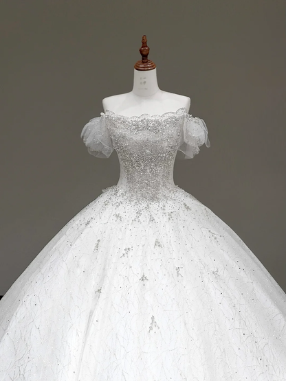 Classy Elegant Ball Gown Off The Shoulder Sequin White Short Sleeves Wedding Dress Brides Dress DP793