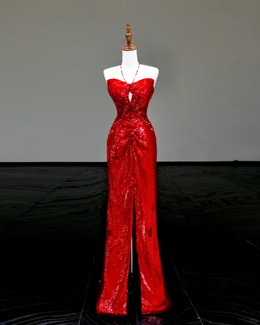 Gorgeous Sheath Sweetheart Sequin Red Slit Long Prom Dress Party Dress Graduation Dresses DP802