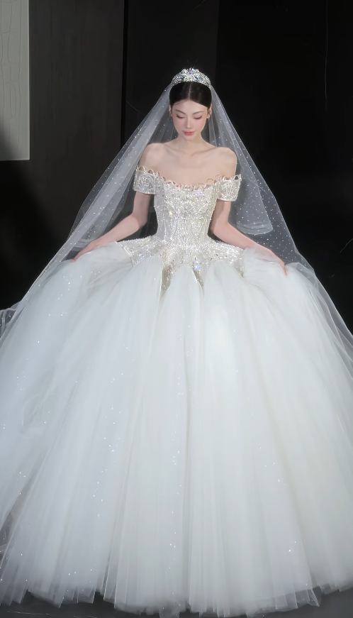 Robe de mariée simple sans bretelles, robe de mariage trapèze en tulle, robe de mariée blanche DP08057