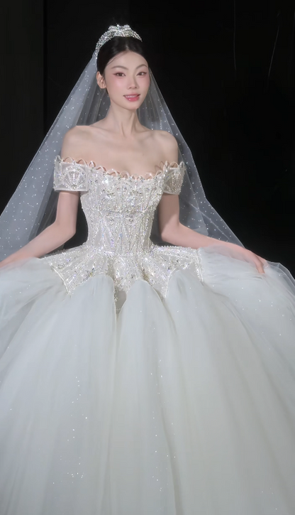 Robe de mariée simple sans bretelles, robe de mariage trapèze en tulle, robe de mariée blanche DP08057