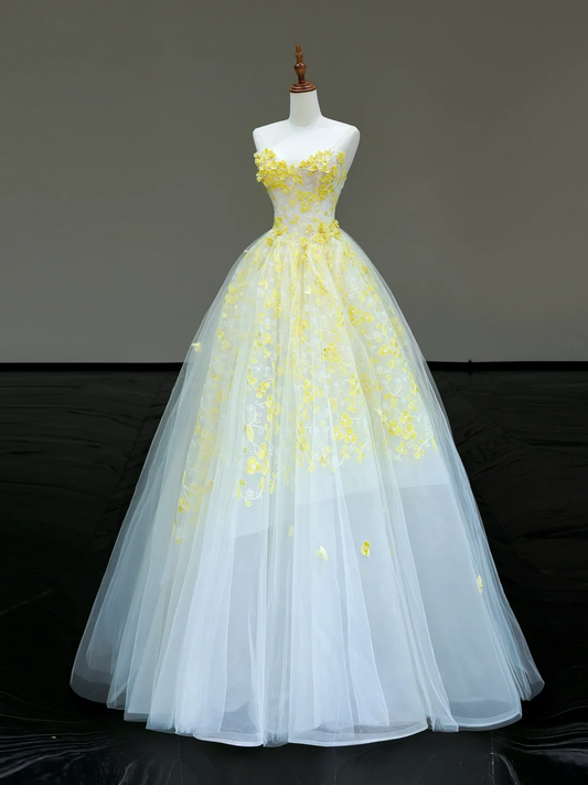 Stunning Ball Gown Sweetheart Yellow Tulle Floral Long Prom Dress Party Dress Graduation Dresses DP806