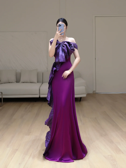 Gorgeous Mermaid Off The Shoulder Grape Satin Long Prom Dress Party Dress Graduation Dresses DP809