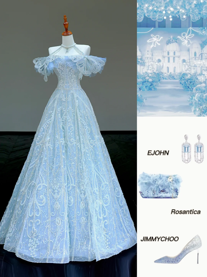 Gorgeous A line Off The Shoulder Blue Sequin Long Prom Dress Party Dress Graduation Dresses DP818