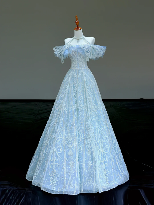 Gorgeous A line Off The Shoulder Blue Sequin Long Prom Dress Party Dress Graduation Dresses DP818