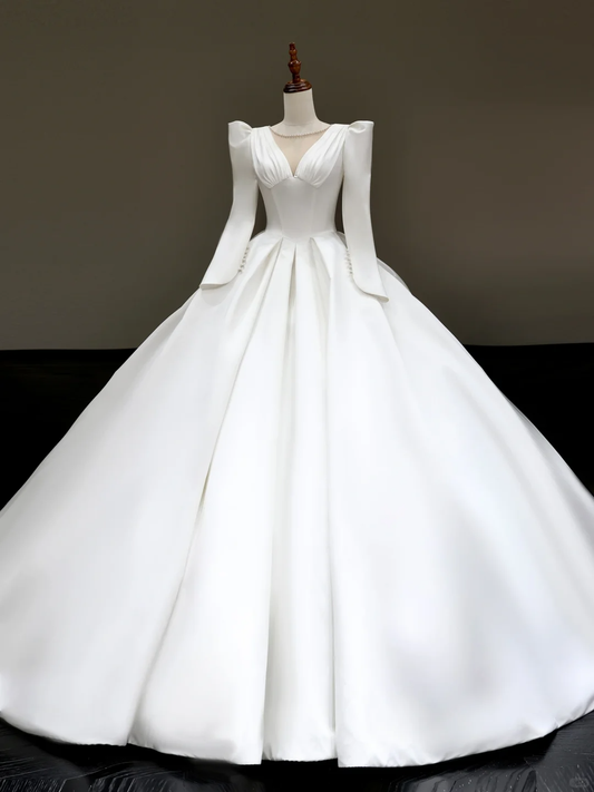 Princess Bridal Gown Ball Gown Scoop Satin White Pearls Wedding Dresses With Bow-knot Bridal Gowns DP819