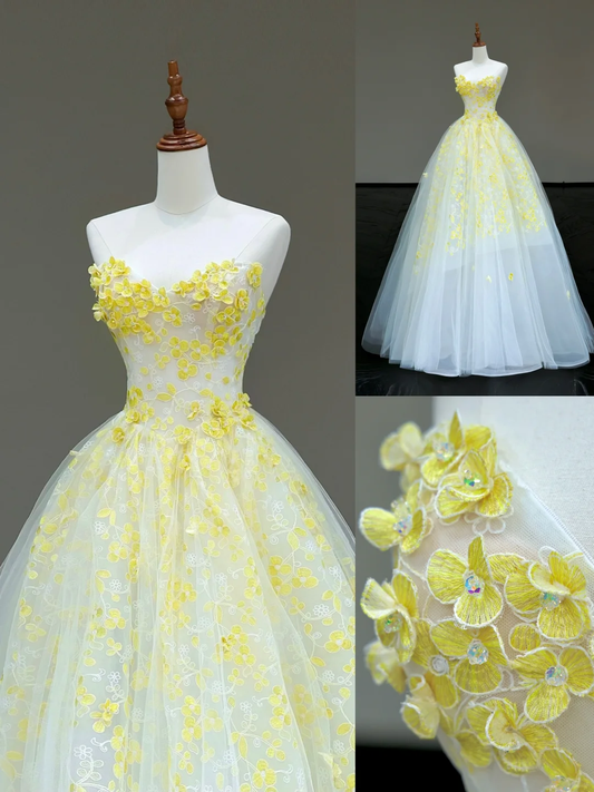 Stunning Ball Gown Sweetheart Yellow Tulle Floral Long Prom Dress Party Dress Graduation Dresses DP835