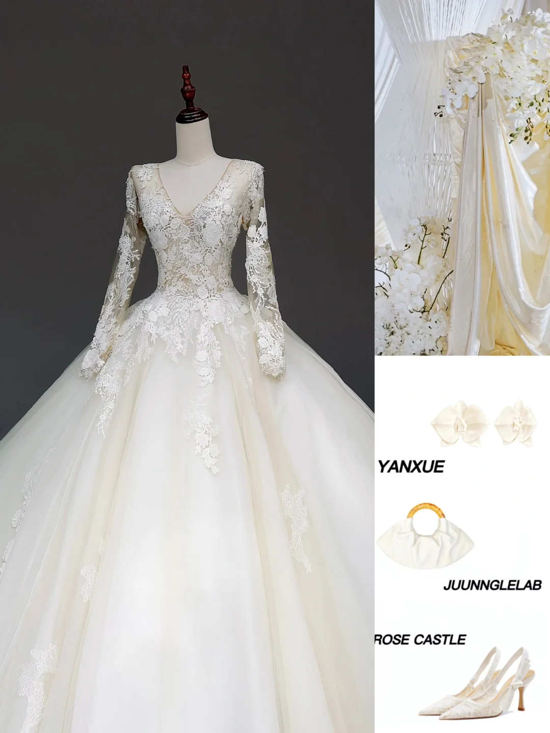Unique Bridal Gown Ball Gown V Neckline Long Sleeves White Lace Wedding Dresses Bridal Gowns DP843