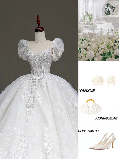 Princess Bridal Gown Ball Gown Sweetheart Lace White Beads Wedding Dresses With Sleeves Bridal Gowns DP872