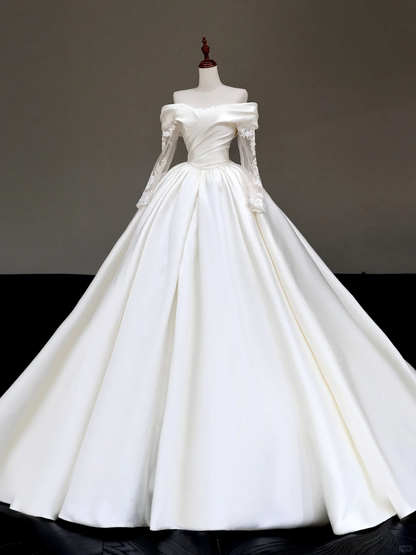 Timeless Bridal Gown Ball Gown Off The Shoulder Satin Long Sleeves Wedding Dresses Bridal Gowns DP856