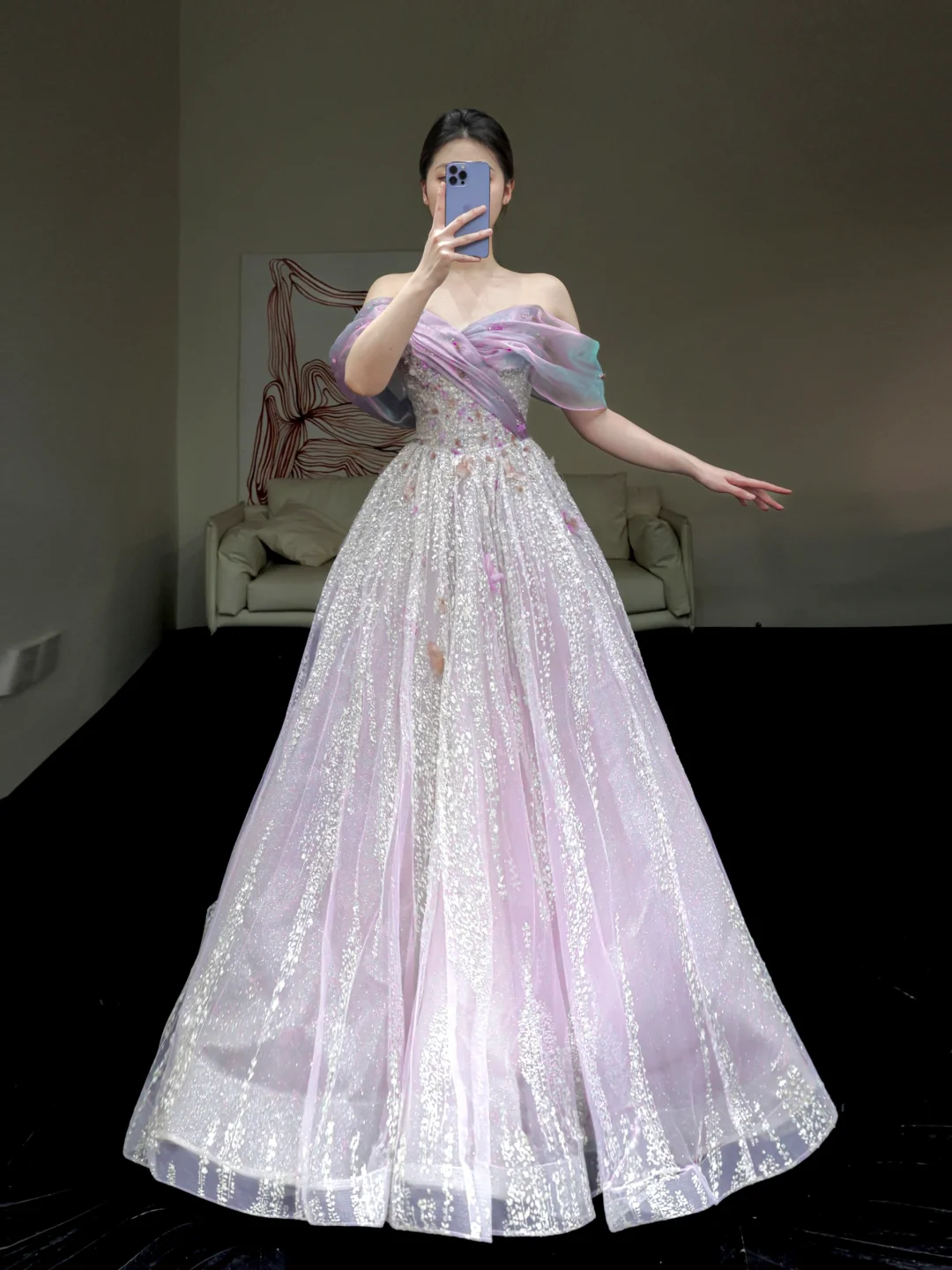 Gorgeous A line Off The Shoulder Lilac Sequin Long Prom Dress Party Dress Graduation Dresses DP857