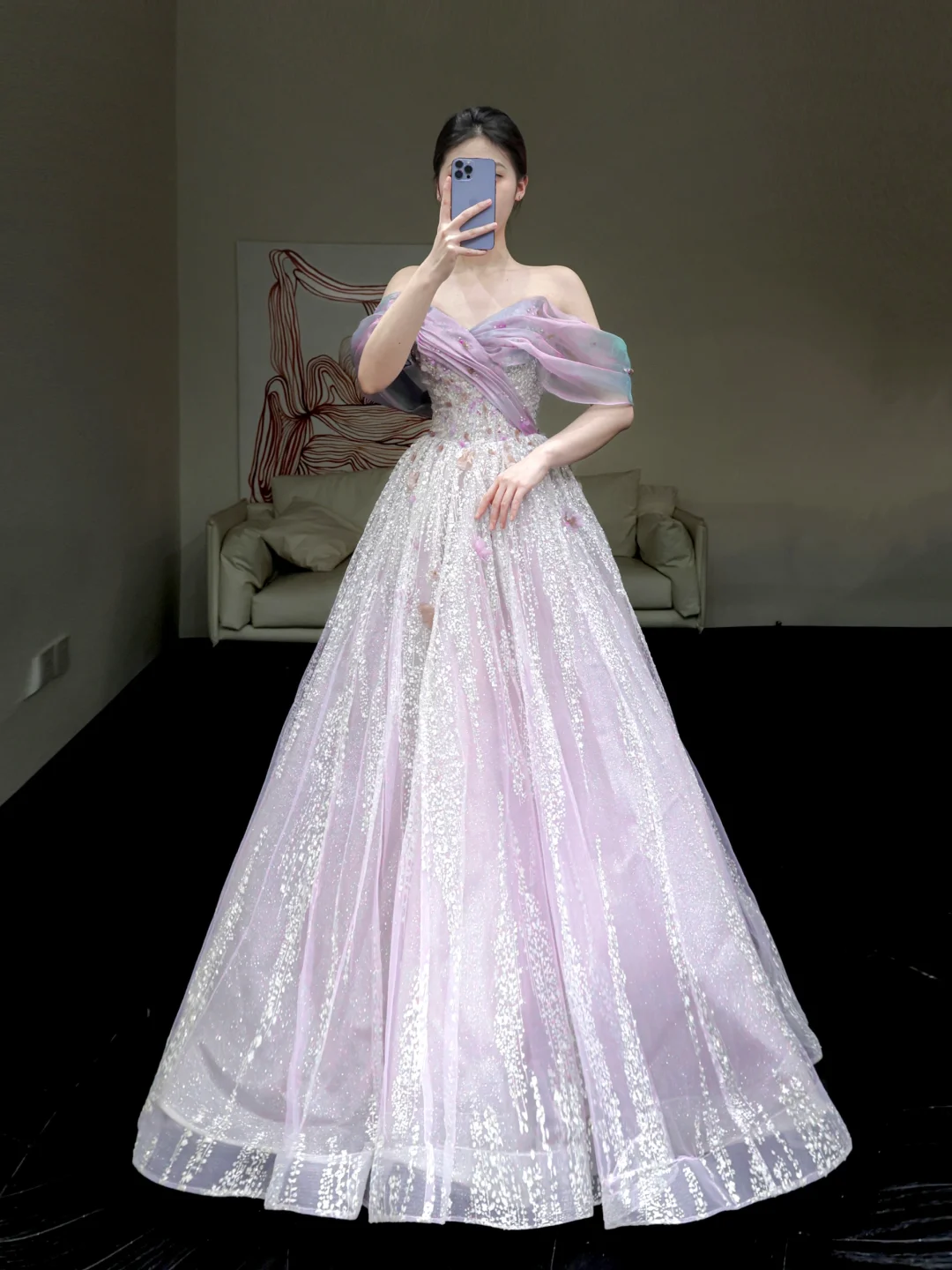 Gorgeous A line Off The Shoulder Lilac Sequin Long Prom Dress Party Dress Graduation Dresses DP857