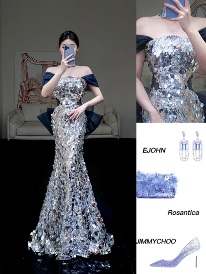 Pretty Mermaid Off The Shoulder Gray Sequin Long Prom Dress Party Dress Graduation Dresses DP862