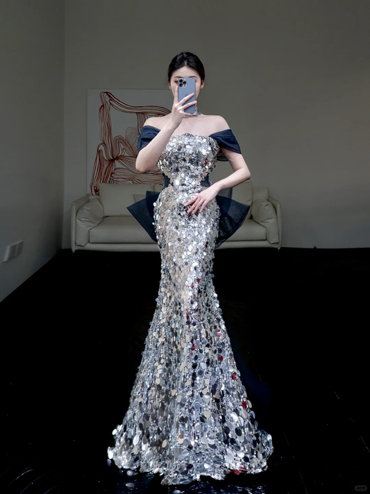 Pretty Mermaid Off The Shoulder Gray Sequin Long Prom Dress Party Dress Graduation Dresses DP862