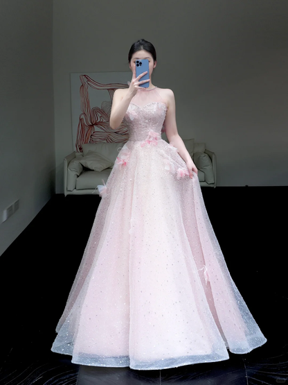 Stunning Ball Gown High Neckline Pink Sequin Long Prom Dress Party Dress Graduation Dresses DP868