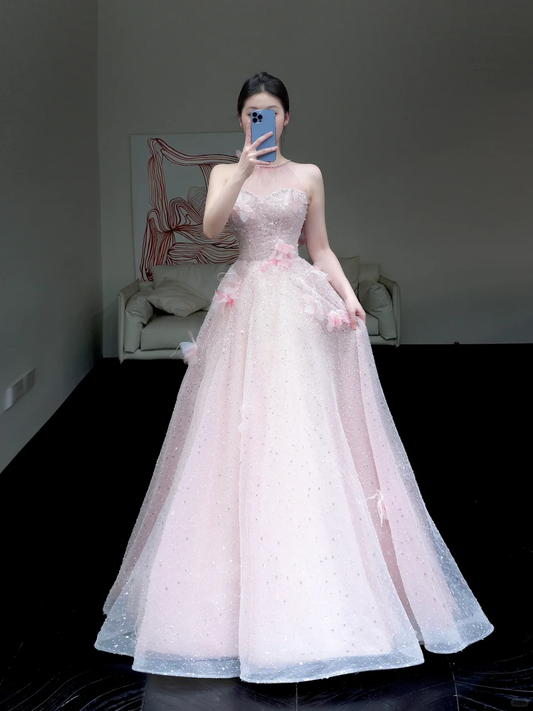 Stunning Ball Gown High Neckline Pink Sequin Long Prom Dress Party Dress Graduation Dresses DP868
