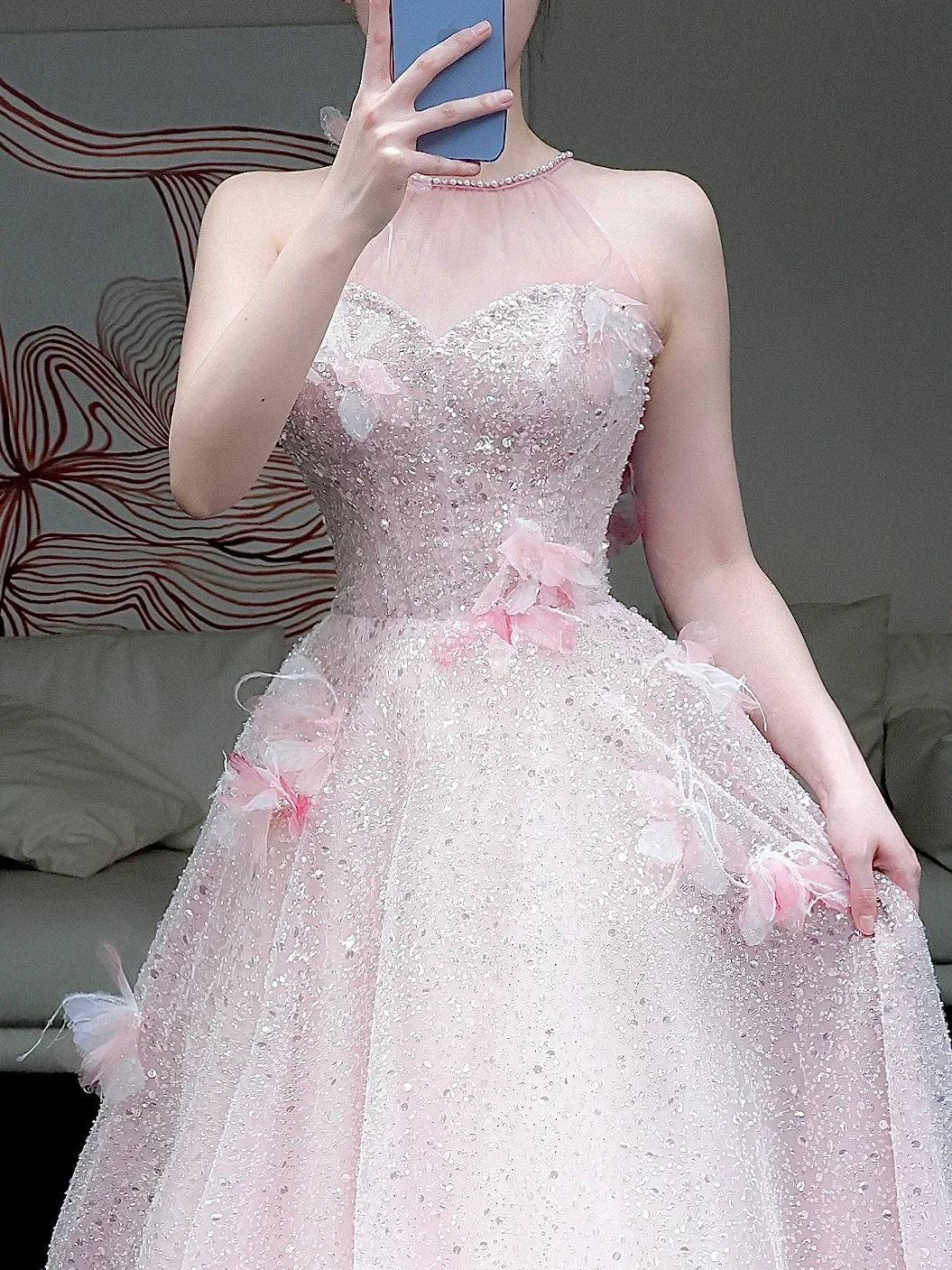 Stunning Ball Gown High Neckline Pink Sequin Long Prom Dress Party Dress Graduation Dresses DP868