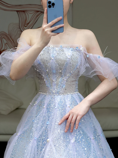 Elegant Glamour Ball Gown Blue Sequin Tulle Long Prom Dress Party Dress Evening Dresses DP876