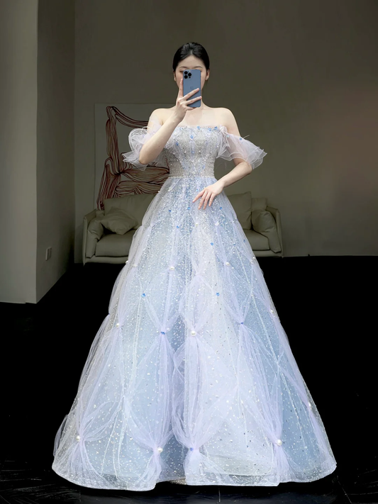 Elegant Glamour Ball Gown Blue Sequin Tulle Long Prom Dress Party Dress Evening Dresses DP876