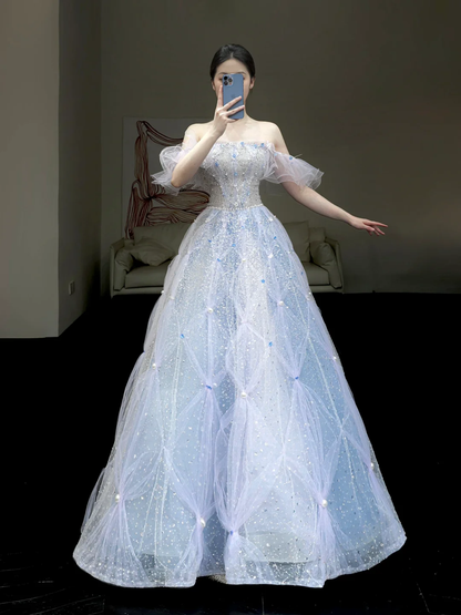 Elegant Glamour Ball Gown Blue Sequin Tulle Long Prom Dress Party Dress Evening Dresses DP876
