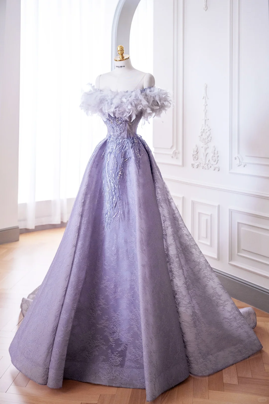 Elegant Glamour Ball Gown Off The Shoulder Lilac Feathers Prom Dress Party Dress Evening Dresses DP888