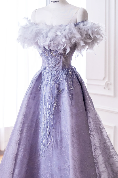 Elegant Glamour Ball Gown Off The Shoulder Lilac Feathers Prom Dress Party Dress Evening Dresses DP888
