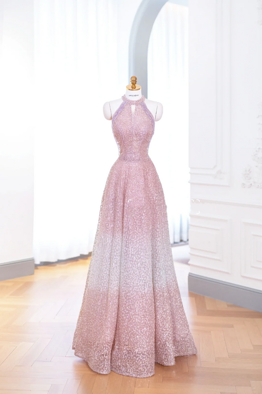 Elegant Glamour A Line Halter Pink Sequin Prom Gowns Party Dress Evening Dresses DP891