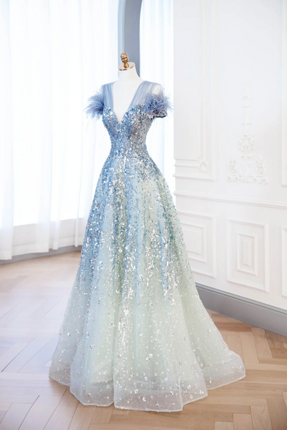 Elegant Glamour Ball Gown V Neckline Tulle Green Blue Prom Dress Party Dress Evening Dresses DP899