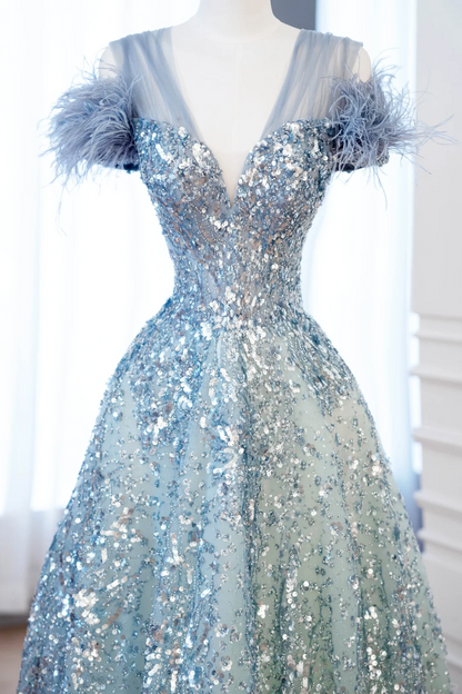 Elegant Glamour Ball Gown V Neckline Tulle Green Blue Prom Dress Party Dress Evening Dresses DP899