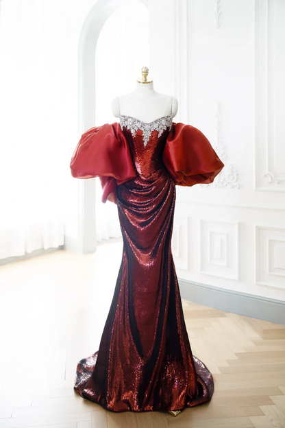 Classy Mermaid Burgundy Sequin Long Evening Gowns Party Dress Evening Dresses DP902