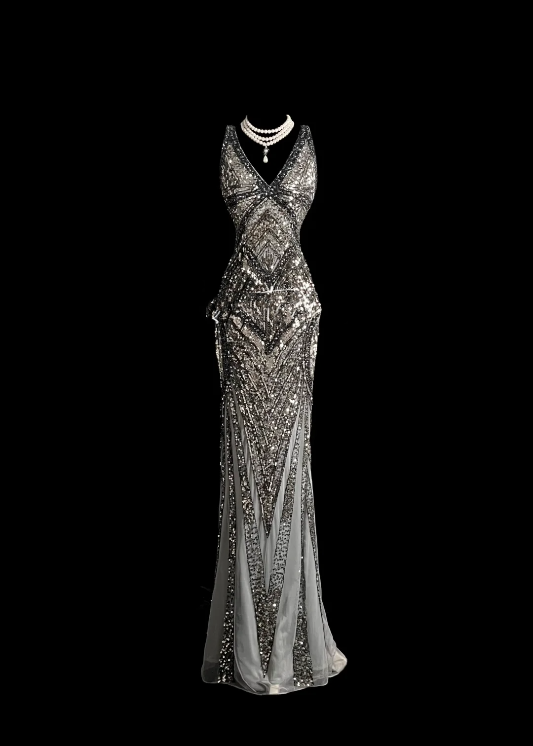 Robe de soirée élégante et glamour, style sirène, col en V, paillettes, dos nu, grise, longue, robe de bal, DP910