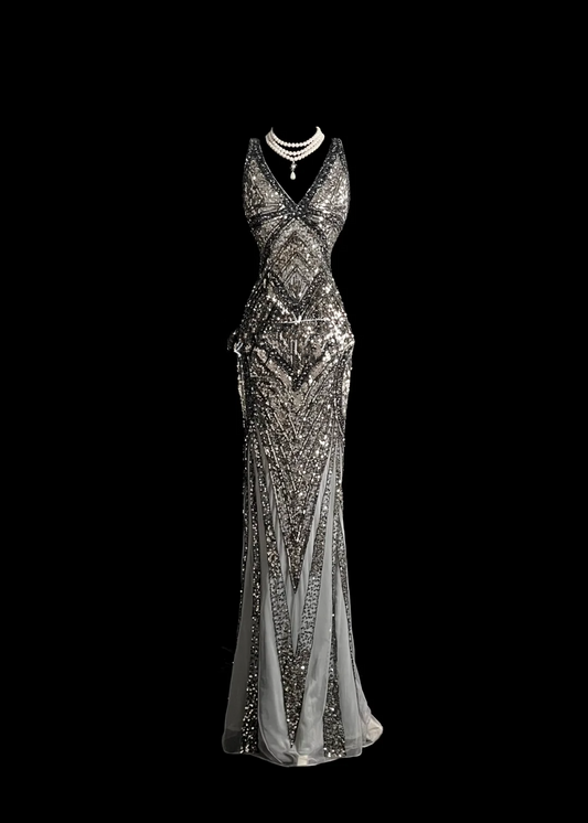 Robe de soirée élégante et glamour, style sirène, col en V, paillettes, dos nu, grise, longue, robe de bal, DP910