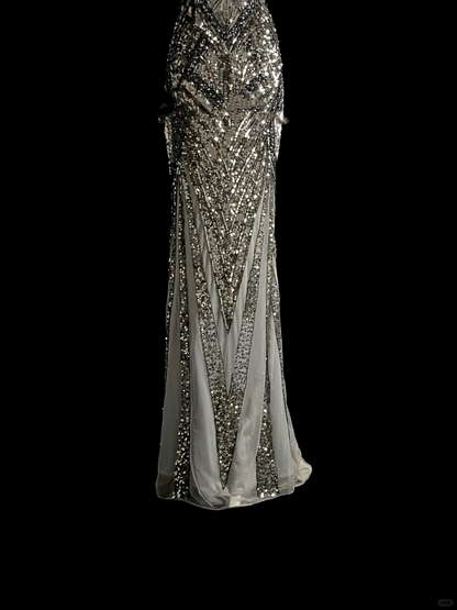 Robe de soirée élégante et glamour, style sirène, col en V, paillettes, dos nu, grise, longue, robe de bal, DP910