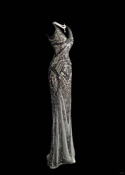 Robe de soirée élégante et glamour, style sirène, col en V, paillettes, dos nu, grise, longue, robe de bal, DP910