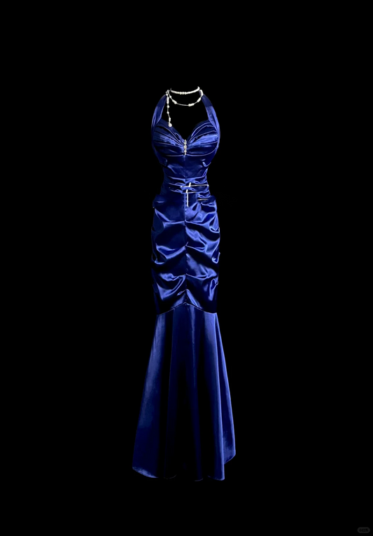 Robe de soirée élégante et glamour, style sirène, dos nu, en satin bleu royal, longue, DP911