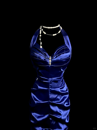 Robe de soirée élégante et glamour, style sirène, dos nu, en satin bleu royal, longue, DP911