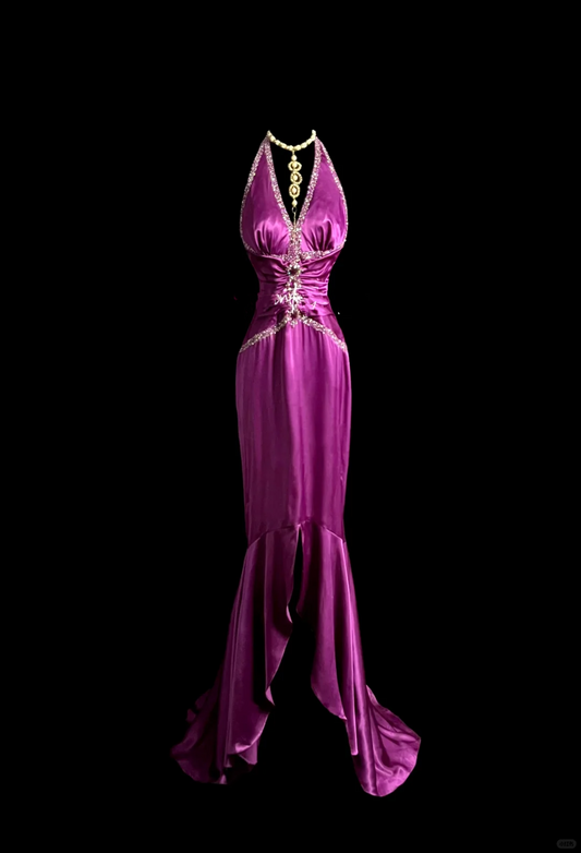 Elegant Glamour Mermaid Halter Grape Backless Satin Long Prom Dresses Party Dress Evening Dress DP914