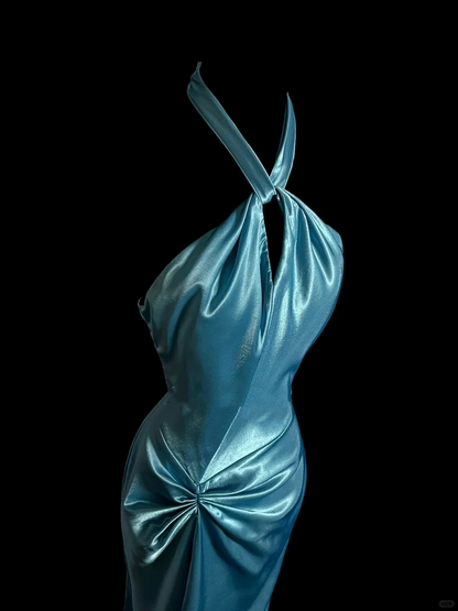 Robe de soirée élégante et glamour, style sirène, dos nu, en satin bleu, longue, DP916