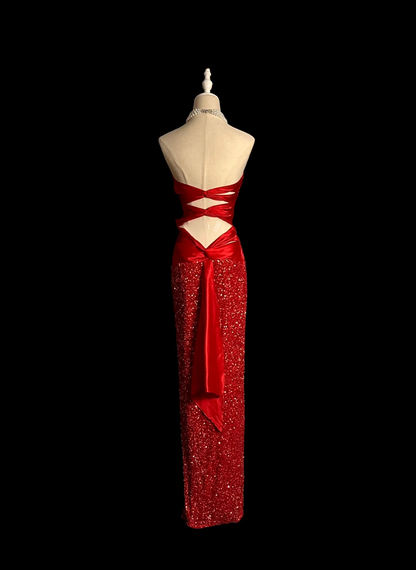 Elegant Glamour Mermaid Strapless Sequin Red Long Prom Dresses Party Dress Evening Dress DP923