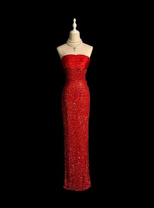 Elegant Glamour Mermaid Strapless Sequin Red Long Prom Dresses Party Dress Evening Dress DP923