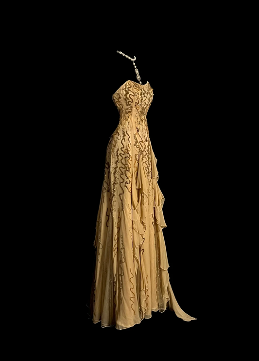 Elegant Glamour Mermaid Sweetheart Sequin Gold Chiffon Long Prom Dresses Party Dress Evening Dress DP925