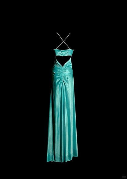 Elegant Glamour Mermaid Spaghetti Straps Blue Satin Long Prom Dresses Party Dress Evening Dress DP927